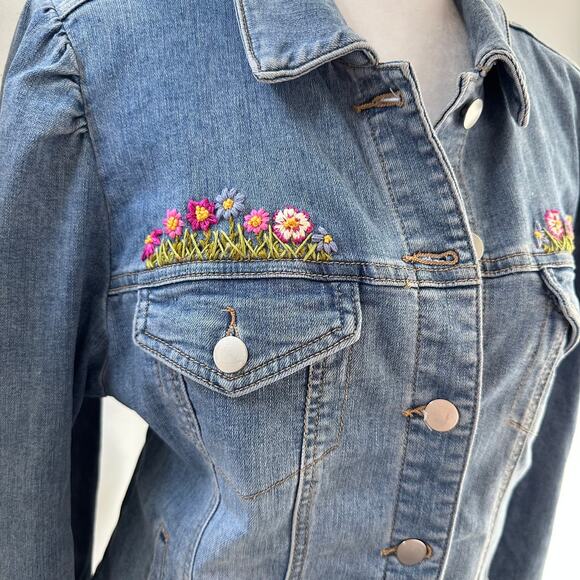 Boston Proper Medium Denim Blue Jean Jacket Floral Embroidered Cotton Stretch - Picture 4 of 7